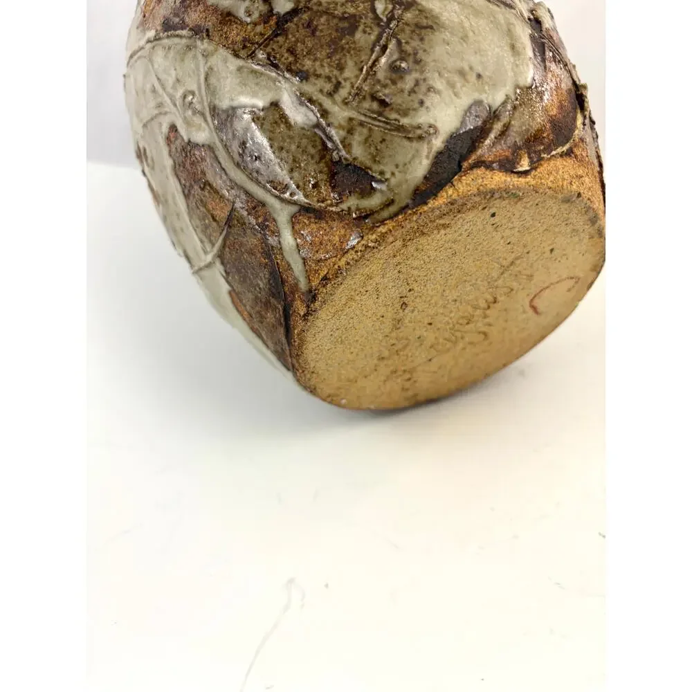 Vintage Studio Art Pottery Vase‎ Impressed Leaf Design Rustic Stoneware Glaze - Picture 10 of 10